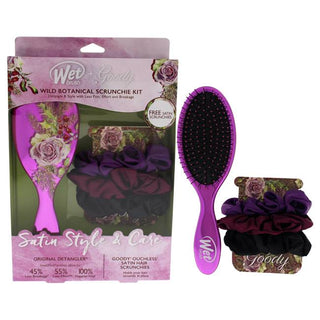 Wet Brush Wild Botanical Scrunchie Kit - 3 Satin Scunchies - 1 Original Detangler - Rose - 4 Pc Kit